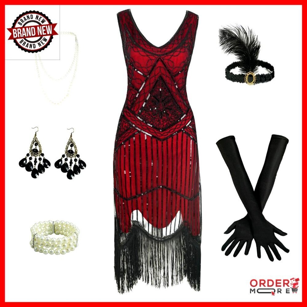 Sequin Fringed Beaded Flapper Dress Set with Gloves Necklace Accessories